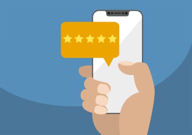 Pozitif çevrimiçi derece ve müşteri anket vektör çizim. Sarı beş yıldızlı rating ileti yanında dokunmatik ekran görüntülenir modern çerçeve ücretsiz / çerçevesiz smartphone tutan el
