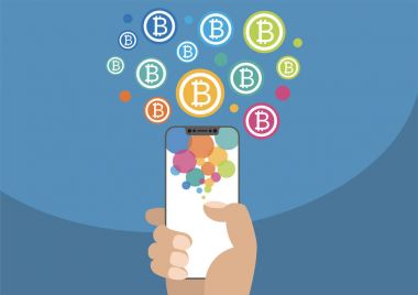 Bitcoin vektör çizim ile kutsal kişilerin resmi. Modern çerçeve ücretsiz / çerçevesiz smartphone mavi arka plan üzerinde tutan el
