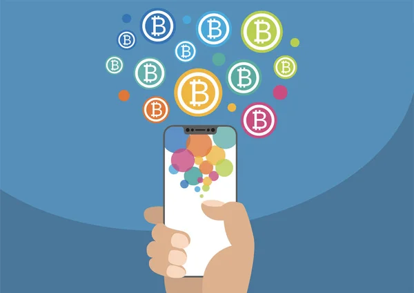 Bitcoin-Vektor-Illustration mit Symbolen. Hand hält modernes lünettenfreies / rahmenloses Smartphone auf blauem Hintergrund — Stockvektor
