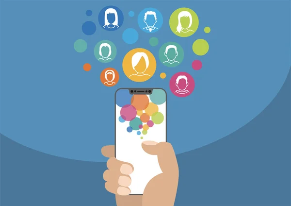 Vektor-Illustration in sozialen Netzwerken mit Symbolen. Hand hält modernes lünettenfreies / rahmenloses Smartphone auf blauem Hintergrund — Stockvektor