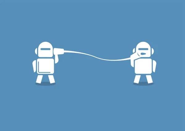 Concepto de Robo asesor como ilustración vectorial. Dos robots que se comunican entre sí sobre fondo azul . — Archivo Imágenes Vectoriales