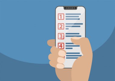 Modern çerçeve bedava akıllı telefonu tutan el. Öncelikli listesini kavram için Önceliklendirme çalışma öğeleri olarak dokunmatik ekranda görüntülenir. Düz tasarım çizimde.