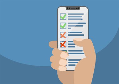 Modern çerçeve ücretsiz smartphone dokunmatik ekranda görüntülenen denetim listesi veya görev listesi ile tutan el. Online işleri tamamlama için kavramı. Düz tasarım çizimde.