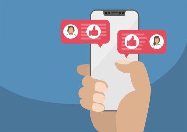 Hand holding modern bezel free smartphone as concept for social network. Thumbs up icon displayed within conversation of man and woman. Illustration in flat design. clipart