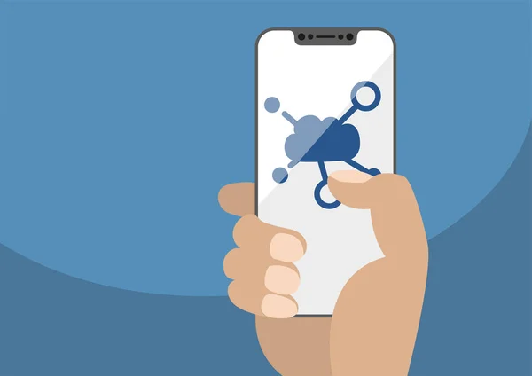 Simbolo cloud computing visualizzato su touchscreen senza cornice. Tenuta a mano moderna lunetta smartphone gratuito isolato su sfondo blu. Illustrazione con design piatto . — Vettoriale Stock