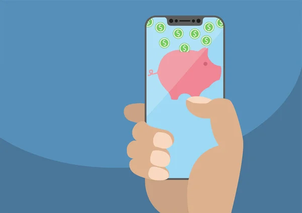 Modern keret ingyenes smartphone kezében. Piggy bank szimbólum és a dollár érmék frameless touchscreen jelenik meg. Digitális pénztárca, online fizetési és banki koncepció — Stock Vector