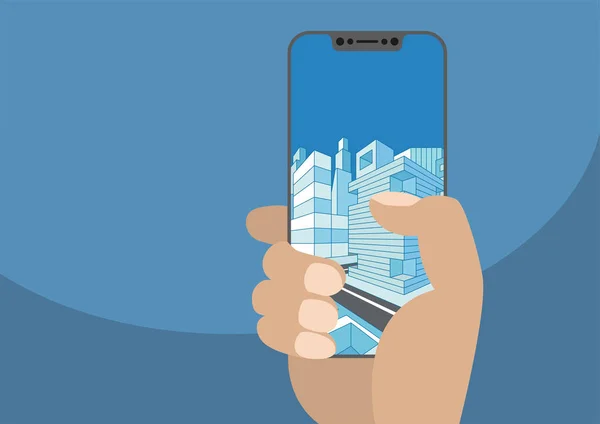 손을 잡고 현대 베젤 무료 스마트폰입니다. Frameless 터치 스크린에 표시 되는 도시. 증강된 현실 또는 비즈니스에 대 한 개념입니다. 평면 디자인을 사용 하 여 그림. — 스톡 벡터