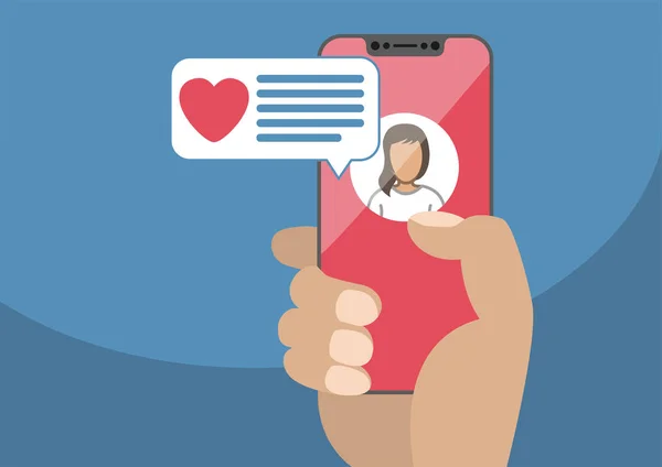 Konzept von Online-Dating und mobiler Chat-App. männliche Hand mit modernem lüfterlosen Smartphone als Vektorillustration mit Herz-Symbol im Chat-Fenster — Stockillustration Konzept von Online-Dating und mobiler Chat-App. männliche Hand mit modernem lüfterlosen Smartphone als Vektorillustration mit Herz-Symbol im Chat-Fenster — Stockvektor