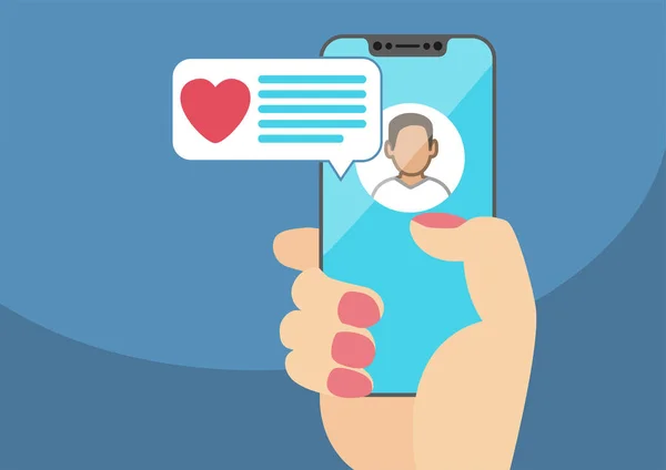 Concept van online dating en mobiel praatje app. vrouwelijke hand met moderne omlijsting-vrije smartphone als vectorillustratie met hart pictogram in chat-venster. — Stockvector