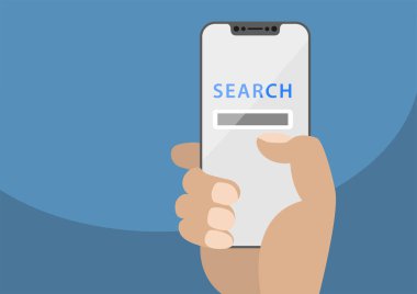 Çerçevesiz dokunmatik ekranda görüntülenen arama uygulaması. Modern çerçeve ücretsiz smartphone mavi arka plan önünde tutan el vektör çizim.