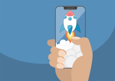 Dumanlı çerçevesiz dokunmatik ekran üzerinden roket başlatılması karikatür. Modern çerçeve ücretsiz smartphone tutan el vektör çizim. 
