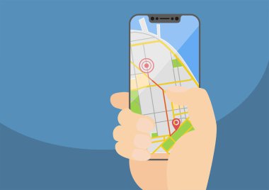 Cep Gps navigasyon ve yönlendirme kavramı modern çerçeve ücretsiz smartphone tutan el ile. Vektör çizim bir şehir harita app görüntüleme çerçevesiz dokunmatik ekran ile.