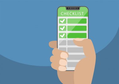Çerçeve ücretsiz smartphone yeşil kontrol listesi ile mobil ve çevrimiçi yapılacaklar listeleri için kavram olarak tutan el. Vektör çizim mavi arka plan önünde çerçevesiz dokunmatik ekran ile.