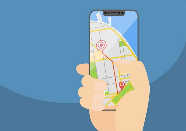 Nawigacja Mobile Gps i pojęcie routingu z ręki trzymającej nowoczesny smartfon obejmy wolny. Ilustracja wektorowa bezramkowy ekran dotykowy wyświetlanie aplikacji mapa miasta. — Wektor stockowy