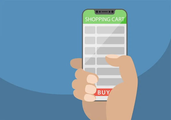 Hand met omlijsting-vrije slimme telefoon met shopping cart lijst als concept van online winkelen. Vectorillustratie met frameless touchscreen koopknop weergeven. — Stockvector