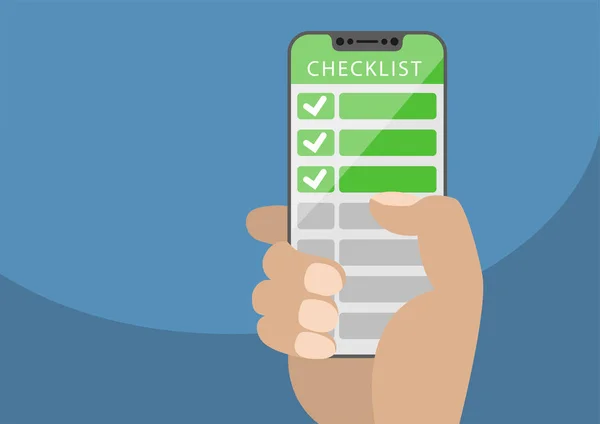 Handhaltendes Smartphone mit grüner Checkliste als Konzept für mobile und Online-Todo-Listen. Vektorillustration mit rahmenlosem Touchscreen vor blauem Hintergrund. — Stockvektor