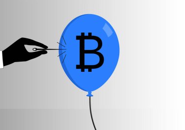 Concept of bitcoin bubble burst or decline of the bitcoin currency. Hand with needle pinching a balloon with bitcoin symbol as vector illustration clipart