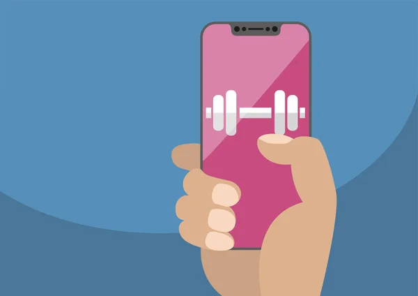Gesundheits- oder Fitness-App-Konzept auf rahmenlosem Touchscreen als Vektorillustration. Hand hält Lünette frei Smartphone mit Ikone der Studio-Gewichte — Stockvektor