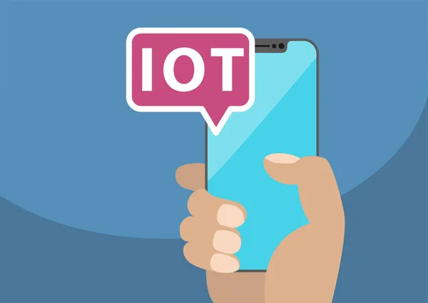 IOT / Internet of Things concept met tekst weergegeven op frameless touchscreen. Vectorillustratie met hand met omlijsting-vrije slimme telefoon — Stockvector