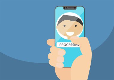 Bir akıllı telefon kilidini açmak için yüz tanıma kavram. Çerçevesiz dokunmatik ekranda görüntülenen yüz simgesi. Bezel-az smartphone tutan el