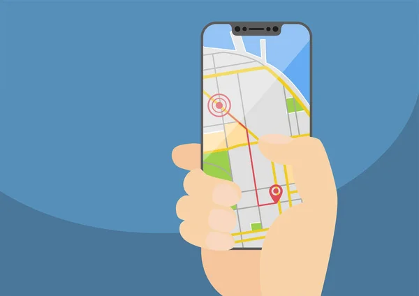 Mobiles GPS-Navigations- und Routenkonzept mit einem modernen, lüfterlosen Smartphone. Vektorillustration mit rahmenlosem Touchscreen zur Anzeige einer Stadtplan-App. — Stockvektor