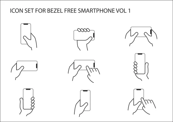 Ensemble d'icônes vectorielles en ligne mince de différentes mains tenant la lunette moderne libre ou smartphone sans cadre dans différentes positions . — Image vectorielle