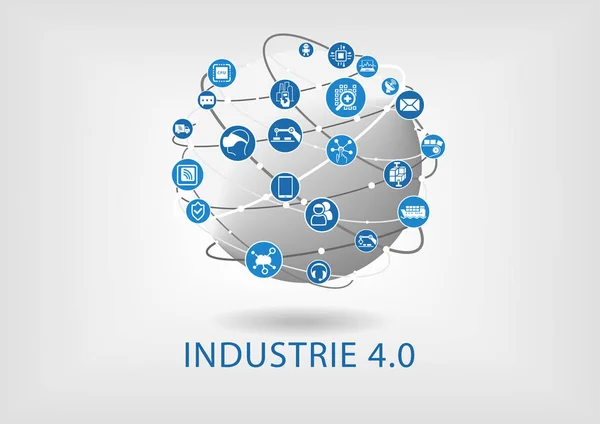 Industrie 4.0 Texto auf weiem Hintergrund als Vektor Ilustración mit Symbolen von vernetzen Objekten auf einer Weltkugel . — Vector de stock