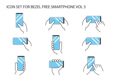 Modern çerçeve ücretsiz smartphone çerçevesiz dokunmatik ekran ile farklı varyasyonlar tutan el. Birden çok ince bir çizgi vektör simgesi ile düz tasarım.