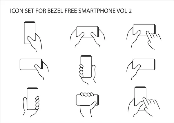 Vector Ikonuppsättning av handen håller bezel gratis modern smart telefon i olika positioner. Rörelseresultat frameless touchscreen med en eller två händer — Stock vektor