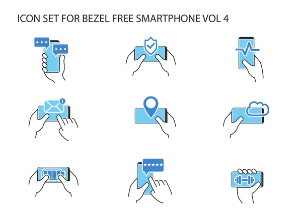 Ensemble d'icônes vectorielles de smartphone sans cadre dans différentes positions avec des symboles d'application pour la messagerie instantanée, chat, e-mail, localisation, cartes, nuage, soins de santé, sécurité, fitness, recommandation — Image vectorielle