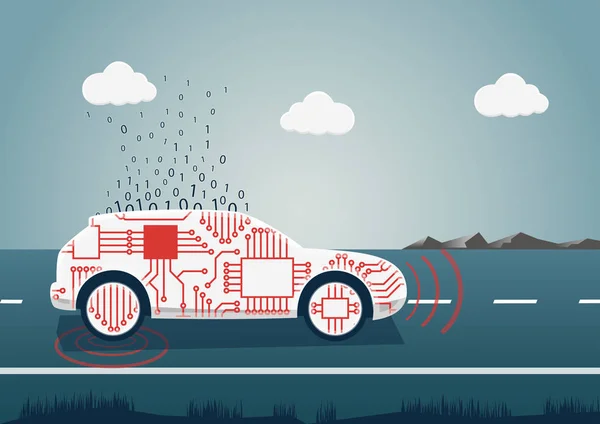 Illustrazione intelligente del vettore dell'automobile collegata. Icona dell'auto con sensori e caricamento di big data come esempio per la mobilità digitale . — Vettoriale Stock