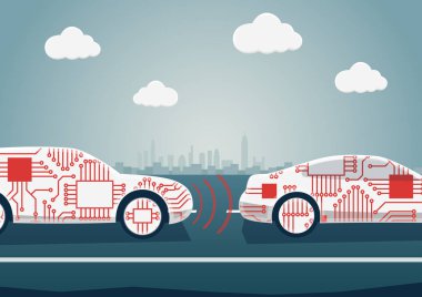Autonomous driving concept as example for digitalisation of automotive industry. Vector illustration of connected cars communicating with each other clipart