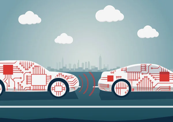 Concepto de conducción autónoma como ejemplo para la digitalización de la industria del automóvil. Ilustración vectorial de coches conectados que se comunican entre sí — Vector de stock