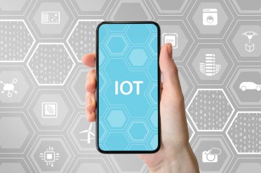 Internet of Things / el ile çok kavramı holding modern çerçeve ücretsiz smartphone simgeleri ile nötr arka plan önünde