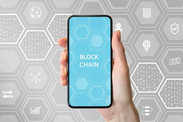 Blockchain Cryptocurrency Concept Hand Holding Modern Bezel Free Smartphone Front — Stock Photo, Image