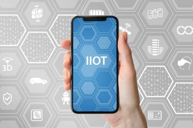 Iiot (şeylerin endüstriyel Internet) modern çerçevesiz smartphone ekranında görüntülenen metin. El tutma smartphone.