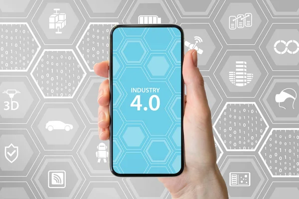 Industri Text Visas Smartphone Skärmen Handen Håller Modern Ramlösa Smart — Stockfoto