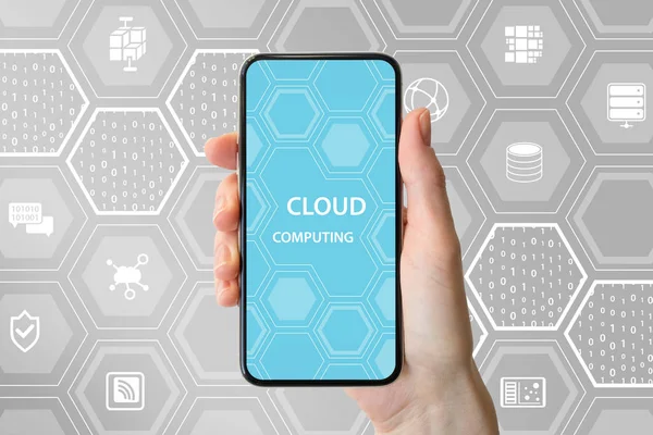 Cloud Computing Text Som Visas Frameless Touchscreen Hand Innehav Modern — Stockfoto