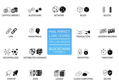 İnce çizgi vektör Icon set Blockchain ve cryptocurrency. En iyi app ve web kullanımı için 1 piksel çizgi genişliğiyle piksel mükemmel simgeler