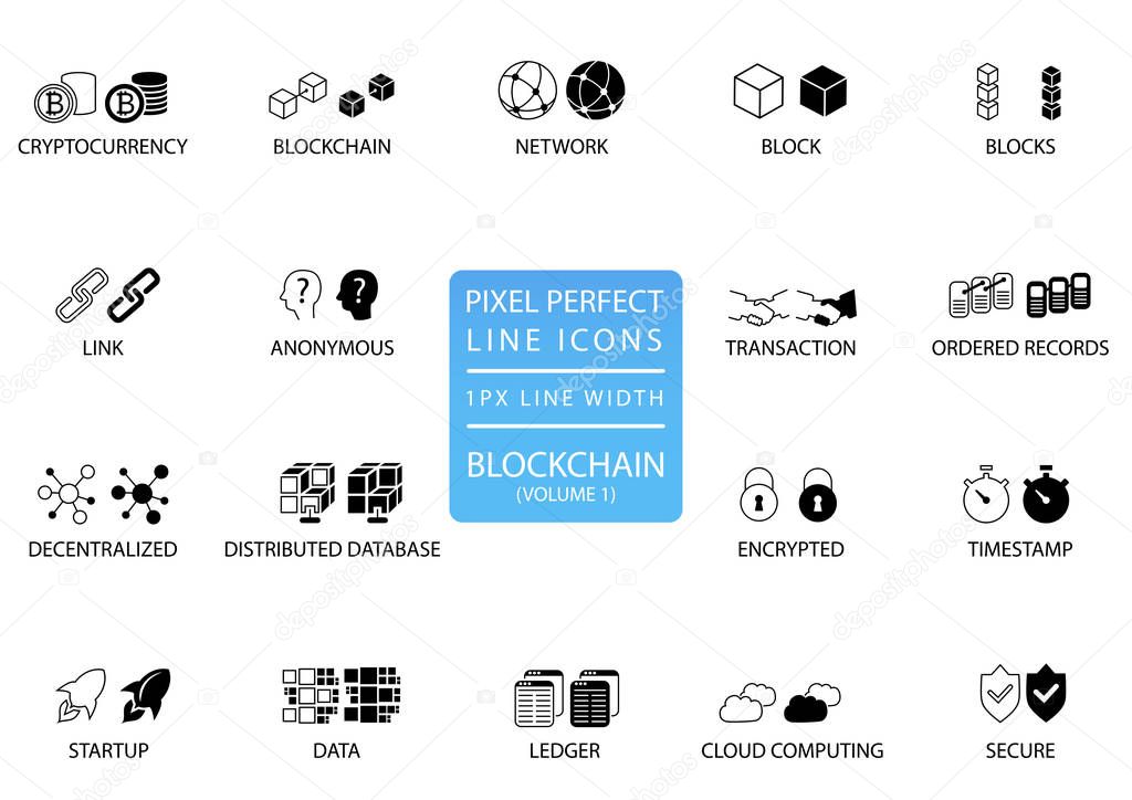 Blockchain and cryptocurrency thin line vector icon set. Pixel perfect icons with 1 px line width for optimal app and web usage