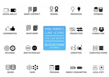 İnce çizgi vektör Icon set Blockchain ve cryptocurrency. En iyi app ve web kullanımı için 1 piksel çizgi genişliğiyle piksel mükemmel simgeler