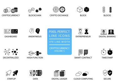 Cryptocurrency (bitcoin, ethereum) ince çizgi vektör Icon set. En iyi app ve web kullanımı için 1 piksel çizgi genişliğiyle piksel mükemmel simgeler