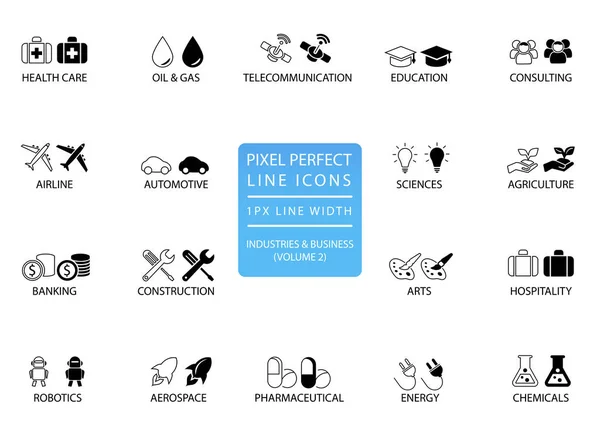 Pixel Parfaite Ligne Mince Icônes Symboles Diverses Industries Secteurs Activité — Image vectorielle