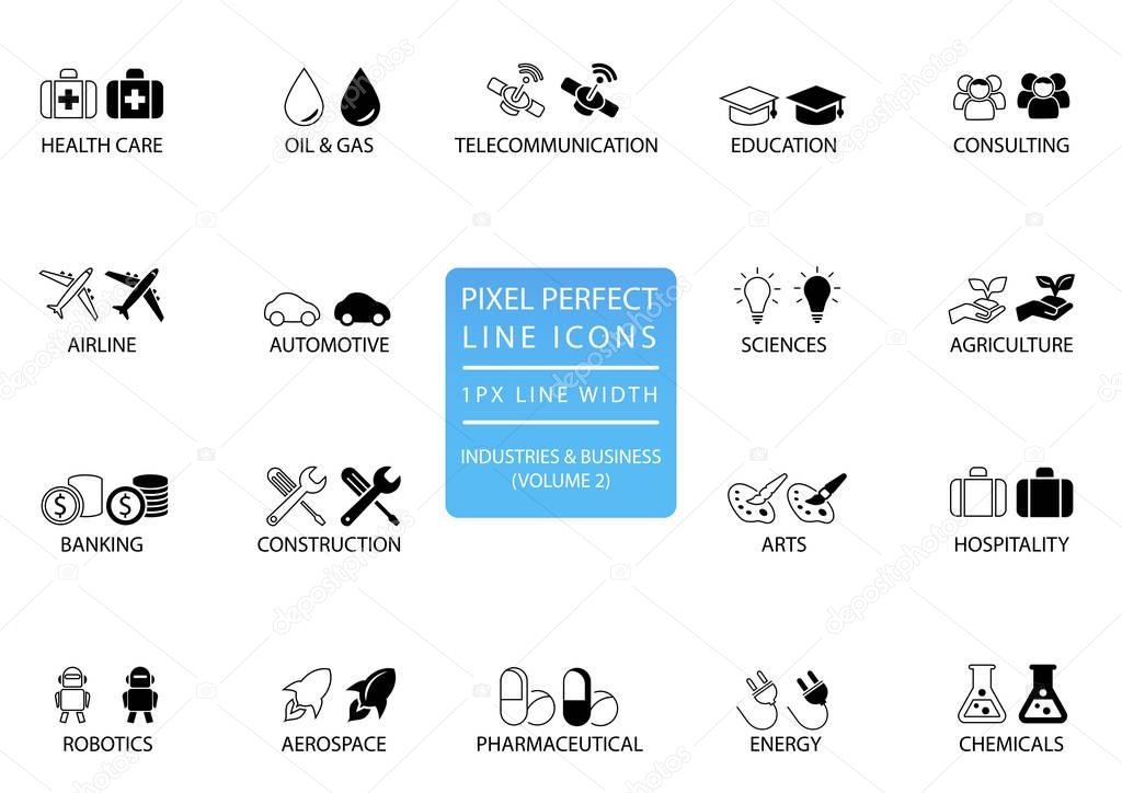 Pixel perfect thin line icons and symbols of various industries / business sectors like telecommunications, chemicals, aerospace, automotive, banking, consulting