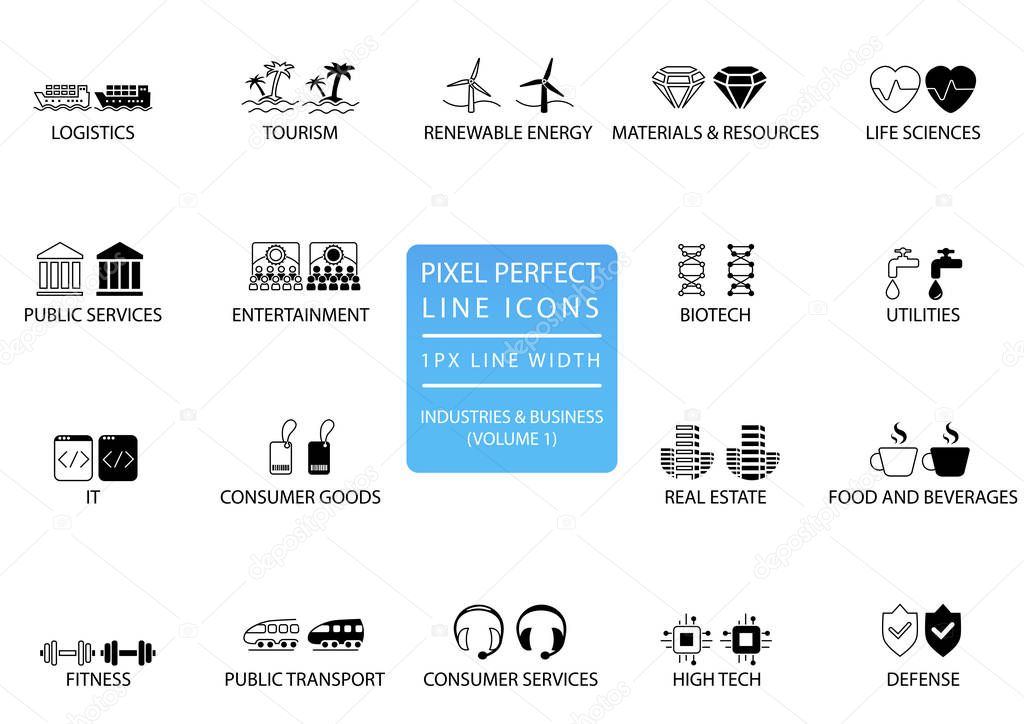 Pixel perfect thin line icons and symbols of various industries / business sectors like public services, consumer goods, defence, life sciences, high-tech, resources, IT, logistics.