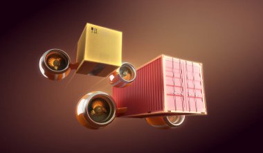 Kargo ve konteyner taşımacılık şirketinin ve nakliye acil, yerel teslimat ve dünya çapında nakliye. 3D çizim 