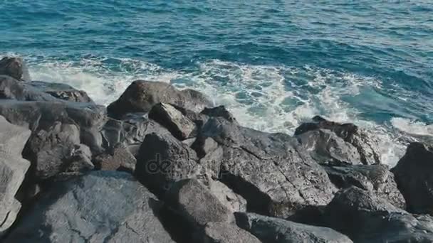 Ωκεάνια κύματα που σκάνε στην παραλία της πέτρας — Αρχείο Βίντεο