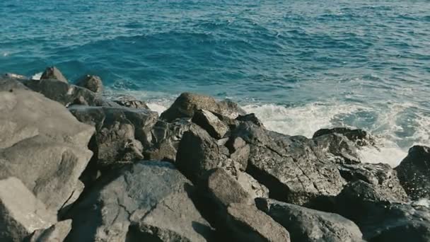 Océano olas estrellándose en la playa de piedra — Vídeo de stock