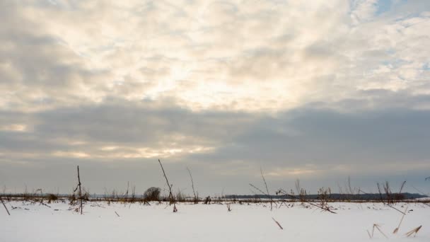 Bulutlar bir kış peyzaj üzerinde hareket. Güneşli. Timelapse. — Stok video