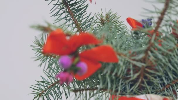 Hermoso árbol de Navidad, decoraciones tradicionales, luces — Vídeo de stock